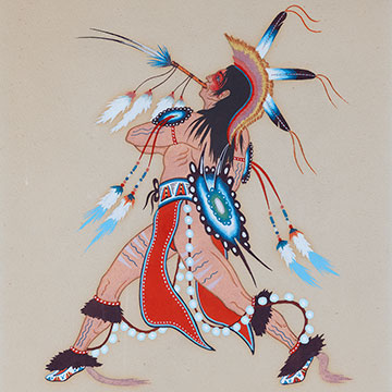 A Native American man with a feather headdress and cultural clothing depicted in a dance pose 